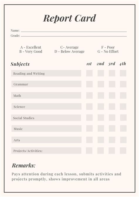 Printable Downloadable Report Card Template